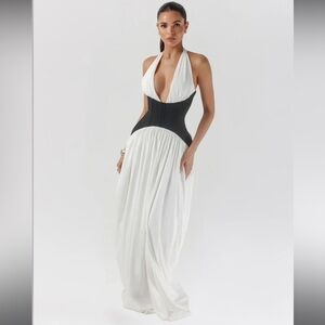 WHITE AND BLACK HALTER CORSET MAXI DRESS size small